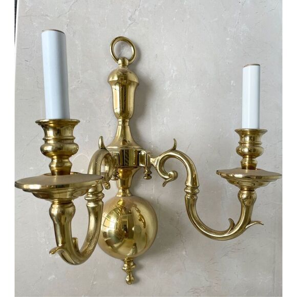 Vintage Dutch Colonial Brass Two Arm Sconce - Picture 2 of 6